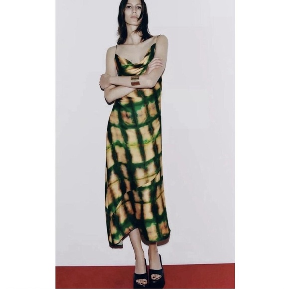 Zara Satin Effect Asymmetrical Satin Dress Size Medium Cowl Neck Multicolor - Picture 2 of 9